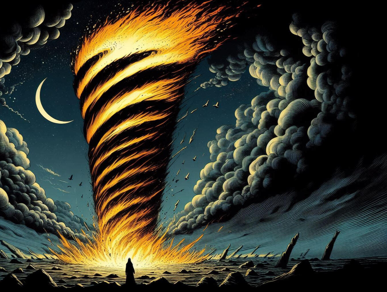 A pillar of fire in a blasted landscape with dark clouds. Birds circle the pillar. A long silhouette approaches the fire.