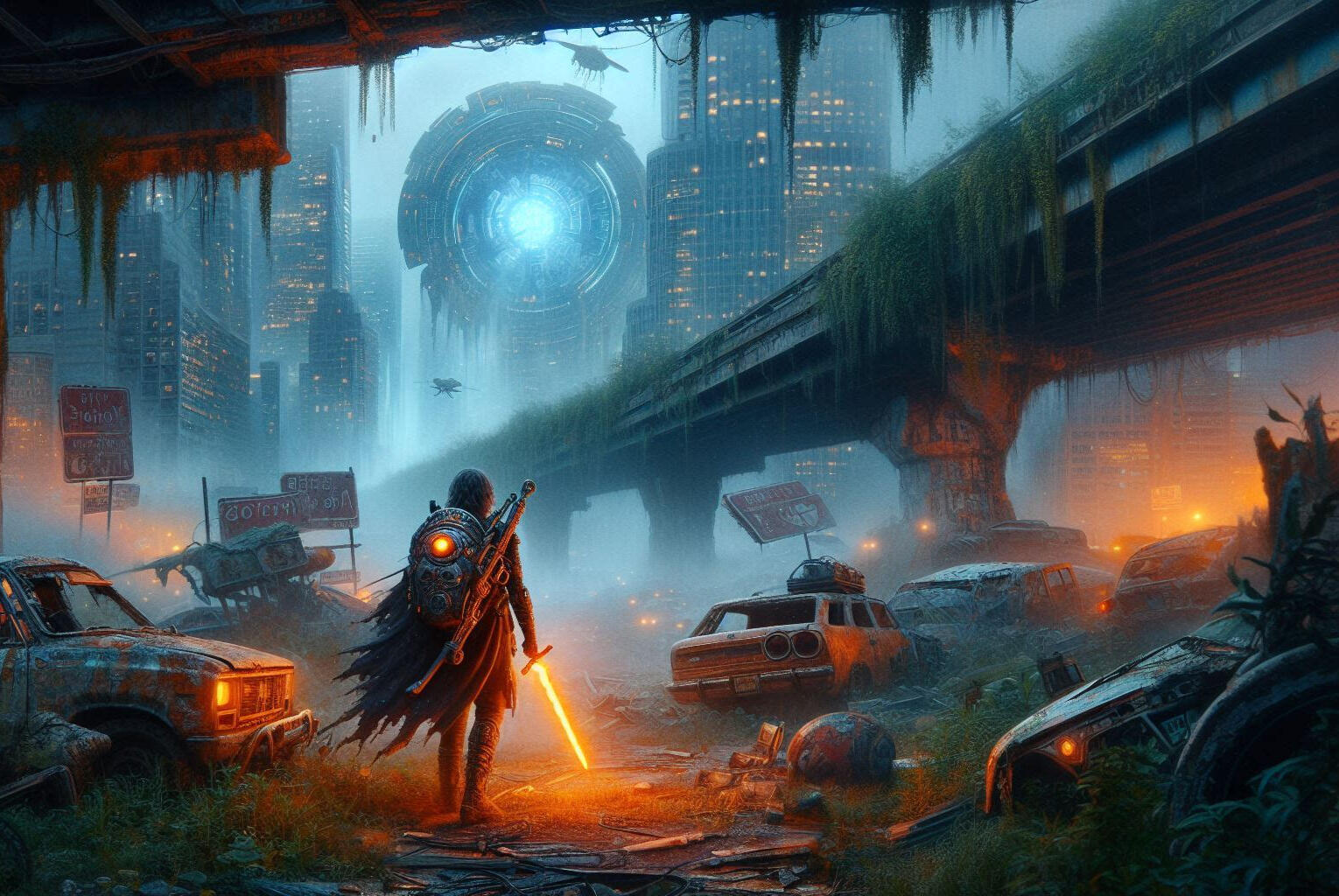 A ruined landscape with strange technology. A solitary figure approaches with a glowing sword in hand.